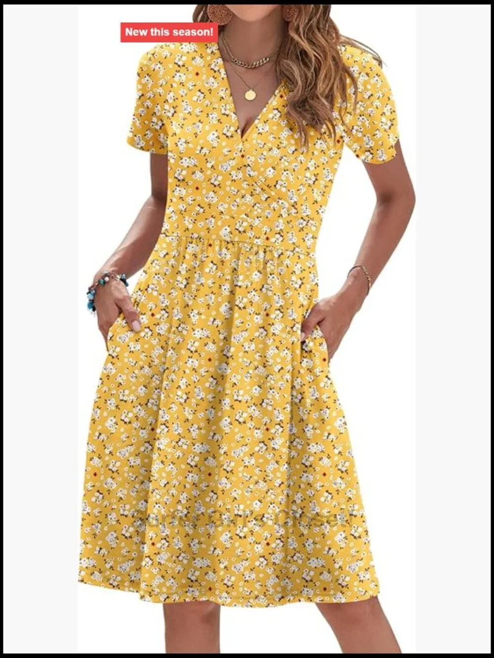 Women's Short Sleeve V Neck Faux Wrap Dress with Pockets